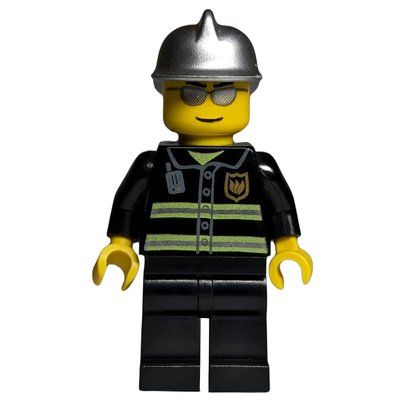 Minifigurka Fireman, Black Fire Jacket with Reflective Stripes, Radio, and Badge, Silver Helmet, Silver Sunglasses z zestawu 7942