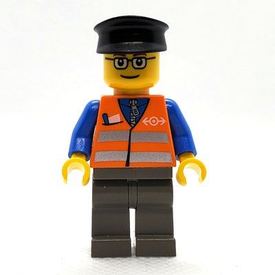 Figurine Train Worker, Orange Safety Vest with Train Logo, Dark Bluish Gray Legs, Black Hat, Glasses du set 7324