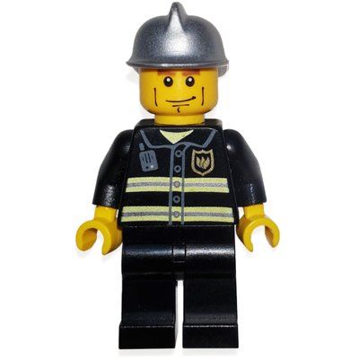 Minifigure Fireman, Black Fire Jacket with Reflective Stripes, Radio, and Badge, Silver Helmet, Cheek Lines del set 10661