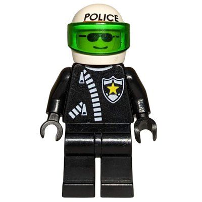 Figurine Policeman, Black Jacket with Zipper and Badge, White Helmet with 'POLICE' and Trans-Green Visor, Sunglasses du set 6332