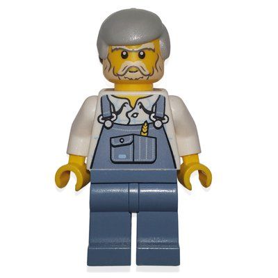 Minifigure Man, Sand Blue Overalls, Light Bluish Gray Hair, Beard from set 40083