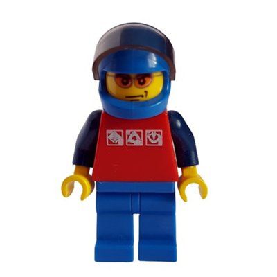 Minifigure Man, Red Top with Dark Blue Arms, Blue Legs, Blue Helmet with Visor, Orange Sunglasses from set 30012