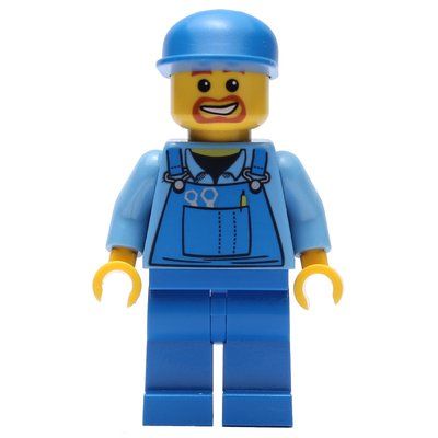Figurine Construction Worker, Blue Overalls over Medium Blue Shirt, Blue Cap, Goatee Beard du set 7998