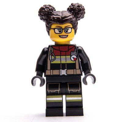 Figurine Firefighter, Black Fire Suit, Dark Brown Hair with Two Buns, Glasses du set 60412