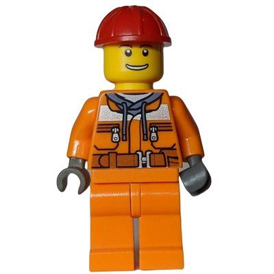 Figurine Construction Worker, Safety Jacket over Hoodie with Belt, Orange Legs, Red Hard Hat du set 30312