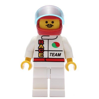 Minifigurka Racer, White Jacket with Octan Logo and 'RACE' and 'TEAM', Red Helmet with Visor, Moustache z zestawu 1190