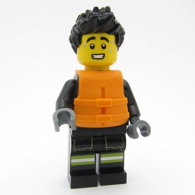 Figurine Firefighter, Black Fire Suit, Orange Life Jacket, Black Hair du set 60412