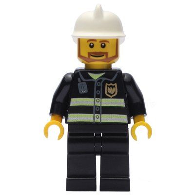 Minifigurka Fireman, Black Fire Jacket with Reflective Stripes, Radio, and Badge, White Helmet, Angular Beard z zestawu 7241