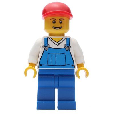 Figurine Man, Blue Overalls over White V-Neck Shirt, Red Cap, Open Mouth du set 40118