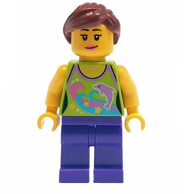 Minifigur Woman, Lime Halter Top with Dolphins, Dark Purple Legs, Dark Brown Ponytail aus Set 10677
