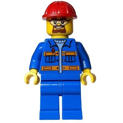 Minifigure Worker, Blue Jacket with Orange Stripes, Blue Legs, Red Hard Hat, Goatee Beard and Safety Glasses del set 60054