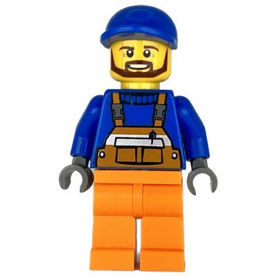 Minifigura Construction Worker, Orange Overalls over Blue Sweater, Blue Cap, Beard del set 60056
