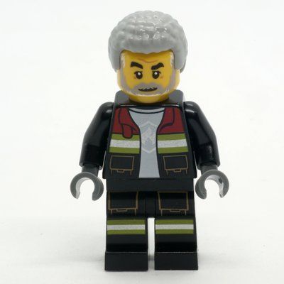 Figurine Firefighter, Black Fire Suit with Open Jacket, Light Bluish Gray Hair, Beard du set 60414