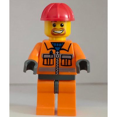 Figurine Construction Worker, Orange Jacket with Zipper and Reflective Stripes, Orange Legs, Red Hard Hat, Goatee Beard du set 7685