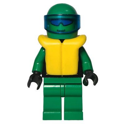 Figurine Racer, Extreme Team, Black Jacket, Green Legs, Green Helmet with Visor, Yellow Life Vest, Blue Sunglasses du set 1295