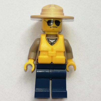 Minifigure Forest Police / Ranger, Dark Tan Shirt with Radio and Badge, Dark Blue Legs, Tan Campaign Hat, Yellow Life Vest, Sunglasses from set 30017