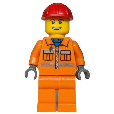 Figurine Construction Worker, Orange Jacket with Zipper and Reflective Stripes, Red Hard Hat du set 7992