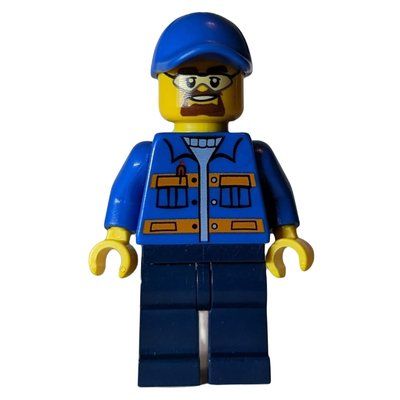 Minifigura Worker, Blue Jacket with Orange Stripes, Dark Blue Legs, Blue Cap, Safety Glasses and Goatee Beard del set 60083