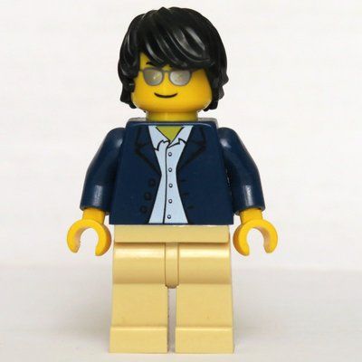 Minifigura Man, Open Dark Blue Jacket, Tan Legs, Black Hair, Silver Sunglasses del set 30349