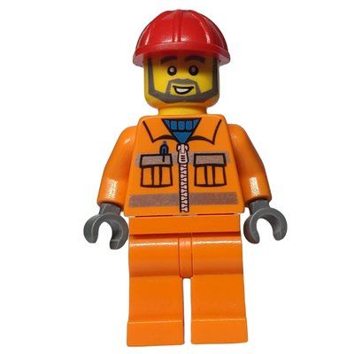 Figurine Construction Worker in Orange Jacket with Zipper and Reflective Stripes, Red Helmet, Gray Beard du set 10667