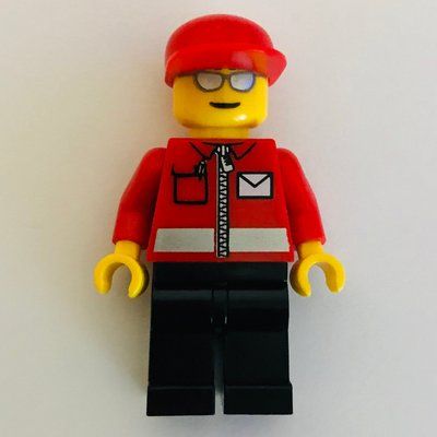 Figurine Postal Worker, Red Jacket with Zipper and Letter Logo, Black Legs, Red Cap, Silver Sunglasses du set 7732