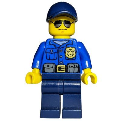Figurine Policeman, Blue Shirt with Badge and Pouches, Dark Blue Legs, Dark Blue Cap, Sunglasses du set 60046