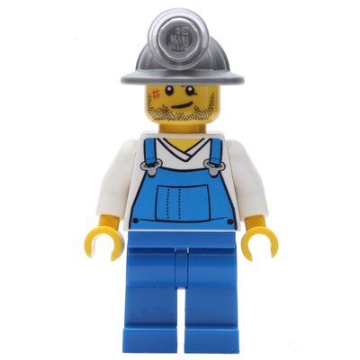 Figurine Miner, Blue Overalls over White V-Necked Shirt, Mining Hat du set 30151