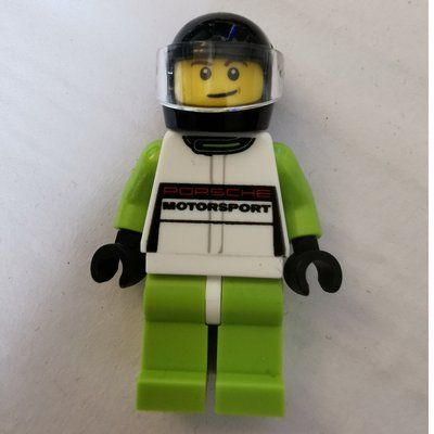 Minifigure Race Driver, White Torso, Lime Legs, Black Helmet, Porsche from set 75910