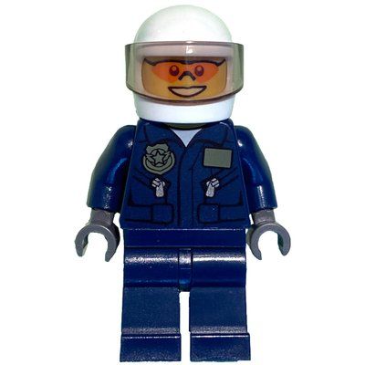 Minifigura Policeman, Dark Blue Jacket with Pockets and Badge, Plain Dark Blue Legs, White Helmet with Visor, Orange Sunglasses del set 30311