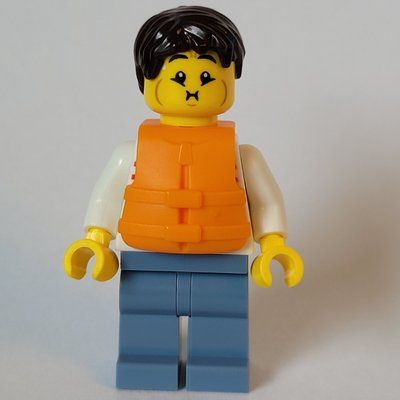 Figurine Man, White and Red Striped Shirt, Sand Blue Legs, Orange Life Vest, Dark Brown Hair du set 60438