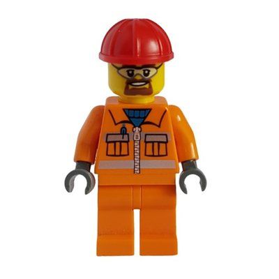 Figurine Construction Worker, Orange Jacket with Zipper and Reflective Stripes, Orange Legs, Red Hard Hat, Goatee Beard and Goggles du set 30229
