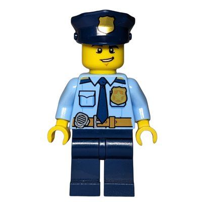Figurine Policeman, Bright Light Blue Shirt with Dark Blue Tie, Badge, and Radio on Belt, Dark Blue Hat with Badge du set 60139