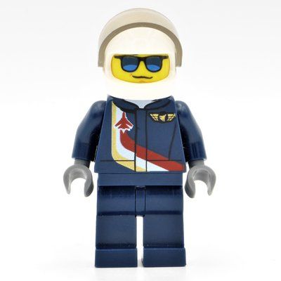 Figurine Pilot, Dark Blue Jumpsuit with Plane and Wings Badge, White Helmet with Visor, Blue Sunglasses du set 60177