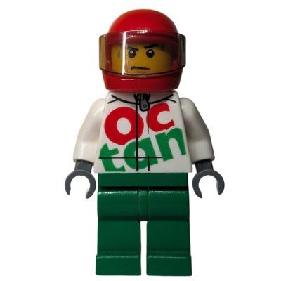 Minifigura Racer, White and Green Jumpsuit with Large 'Octan', Red Helmet with Visor, Sweat Beads del set 60178