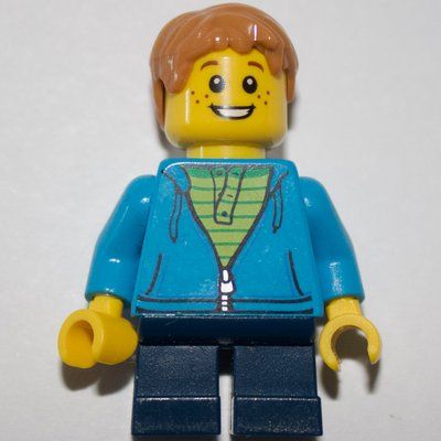 Minifigure Boy, Open Dark Azure Hoodie with Zipper, Short Dark Blue Legs, Medium Dark Flash Hair del set 40306