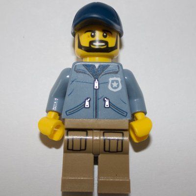 Minifigure Policeman Ranger Ralph, Sand Blue Jacket with Pockets and 'POLICE' on Back, Dark Blue Cap, Beard from set 951805