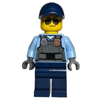 Figurine Policeman, Dark Bluish Gray Vest with Radio, Badge, and 'POLICE' on Back over Medium Blue Shirt, Dark Blue Cap, Sunglasses du set 60127