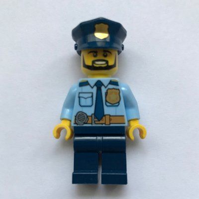 Figurine Policeman Captain Ember, Bright Light Blue Shirt with Radio and Badge, Dark Blue Legs, Police Hat with Badge, Beard du set 60141