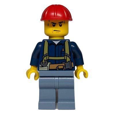 Figurine Construction Worker, Dark Blue Shirt with Harness, Red Hard Hat, Sweat Drops du set 60076