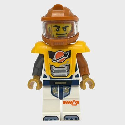 Minifigure Astronaut, White Spacesuit, Bright Light Orange Armor, Dark Orange Helmet, Beard and Lightning Scar del set 60434
