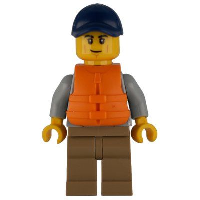 Minifiguur Man, Light Bluish Gray Hoodie over Dark Red Shirt, Dark Tan Legs, Dark Blue Cap, Orange Life Vest uit set 60240