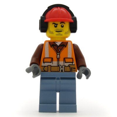 Figurine Construction Worker, Orange Safety Vest with Zipper over Reddish Brown Shirt, Sand Blue Legs, Red Hard Hat with Ear Defenders, Stubble du set 60219