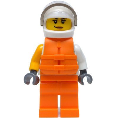 Minifigurka Racer, Woman, White and Orange Jumpsuit with 'VITA RUSH', White Helmet with Visor, Orange Life Vest z zestawu 30363
