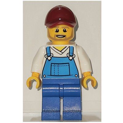 Minifigure Man, Blue Overalls over White V-Neck Shirt, Dark Red Cap, Beard from set 951903