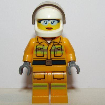 Figurine Firewoman, Bright Light Orange Fire Suit, White Helmet with Visor, Light Blue Sunglasses du set 60217