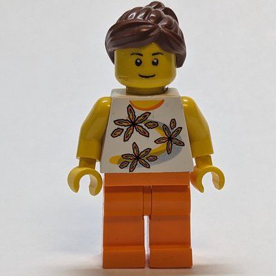 Minifigur White Torso with Flowers, Orange Leg, Dark Brown Ponytail aus Set 2000443