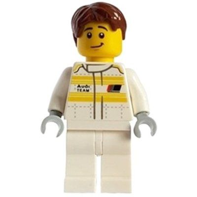 Minifigure Race Driver, Audi, White Torso, White Legs, Reddish Brown Hair del set 76897