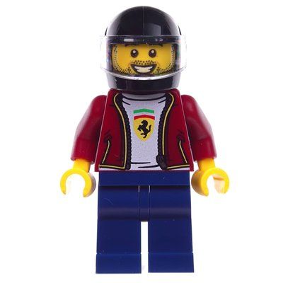 Minifigura Race Driver, Dark Red Torso, Dark Blue Legs, Black Helmet del set 76895