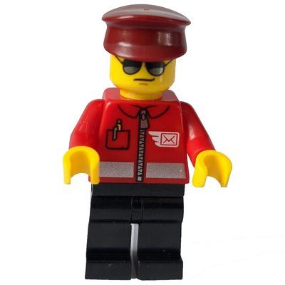 Minifigurka Postal Worker, Red Jacket with Winged Letter Logo, Black Legs, Dark Red Hat, Sunglasses z zestawu 60250