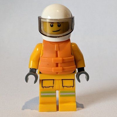Minifigure Fireman, Bright Light Orange Fire Suit, White Helmet with Visor, Orange Life Vest from set 30368